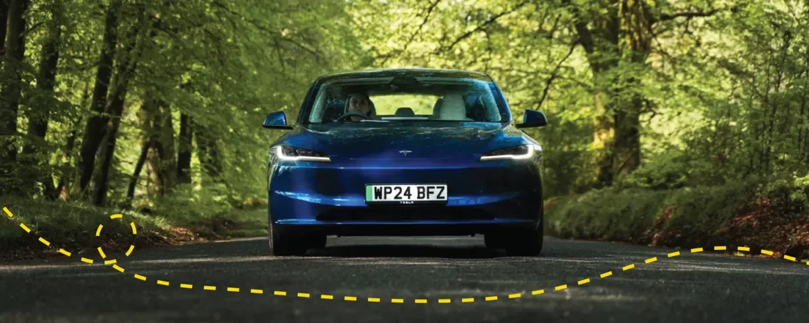 Tesla Model 3 under trees