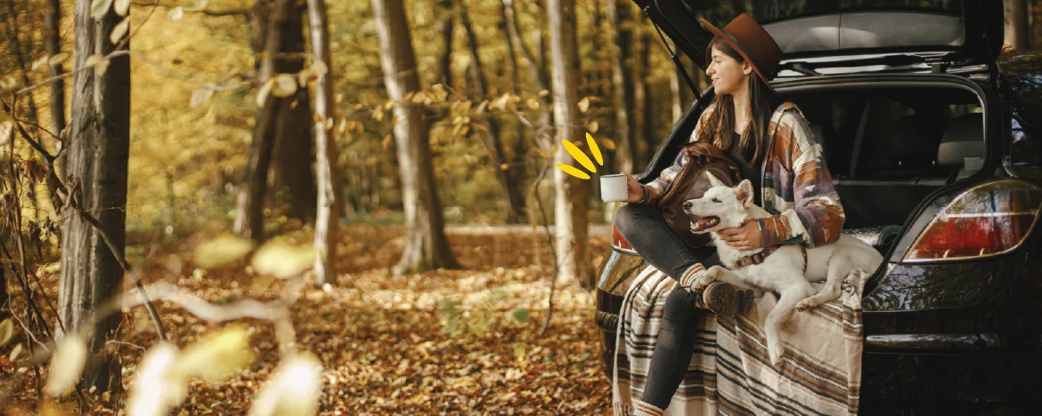 Woman and dog sat in boot