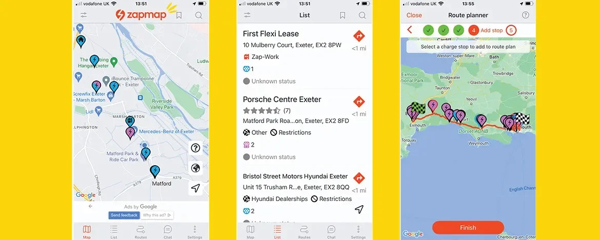 Screenshots from ZapMap app