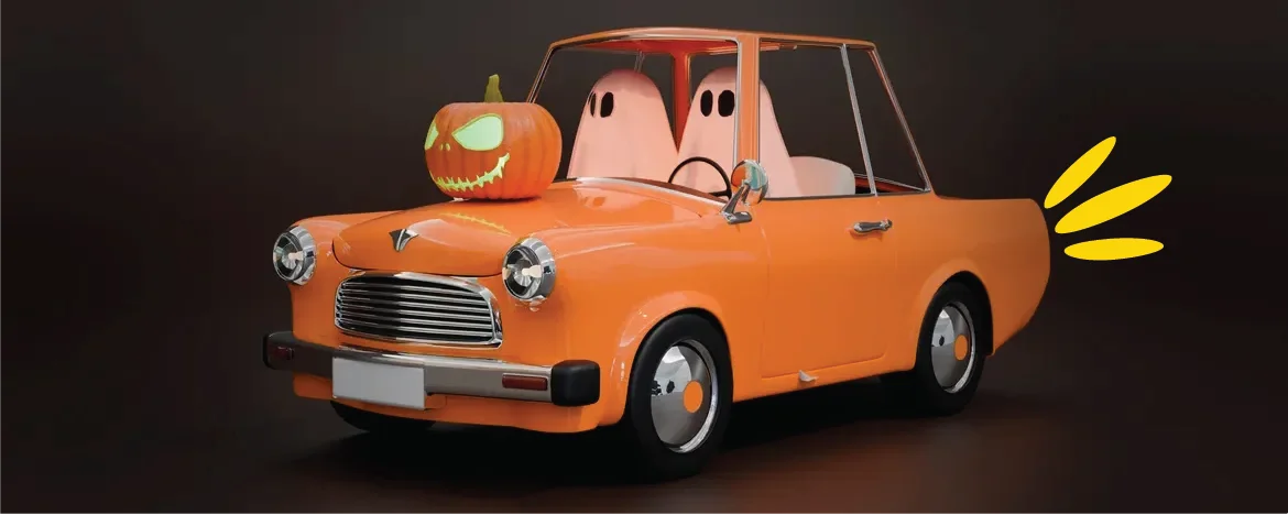Two ghosts sitting in an orange car