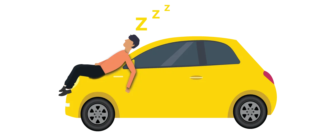 Drowsiness on the road man sleeping on car