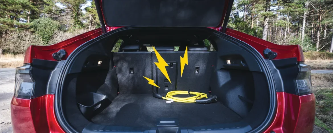 Charger in the boot of the Ford Capri