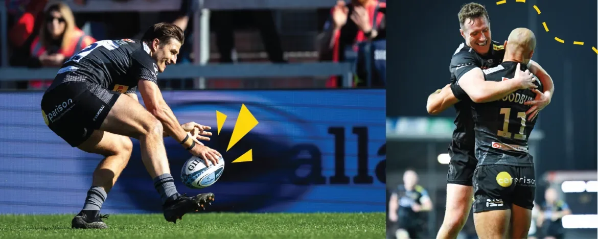 Man kicking rugby ball on left side, rugby players celebrating on right