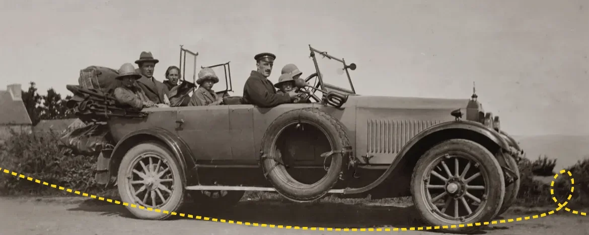 Group of people sitting in a vintage car