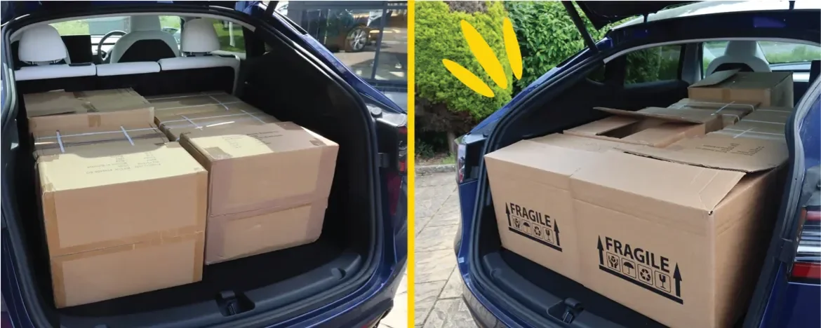 Tesla Model Y with moving boxes in boot