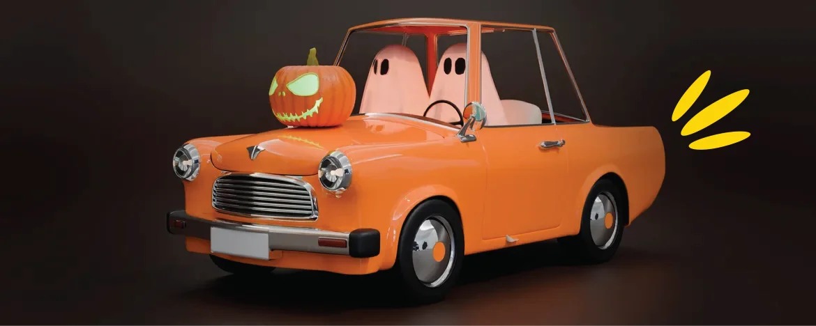 Orange car with pumpkin on the bonnet + two ghosts sitting inside