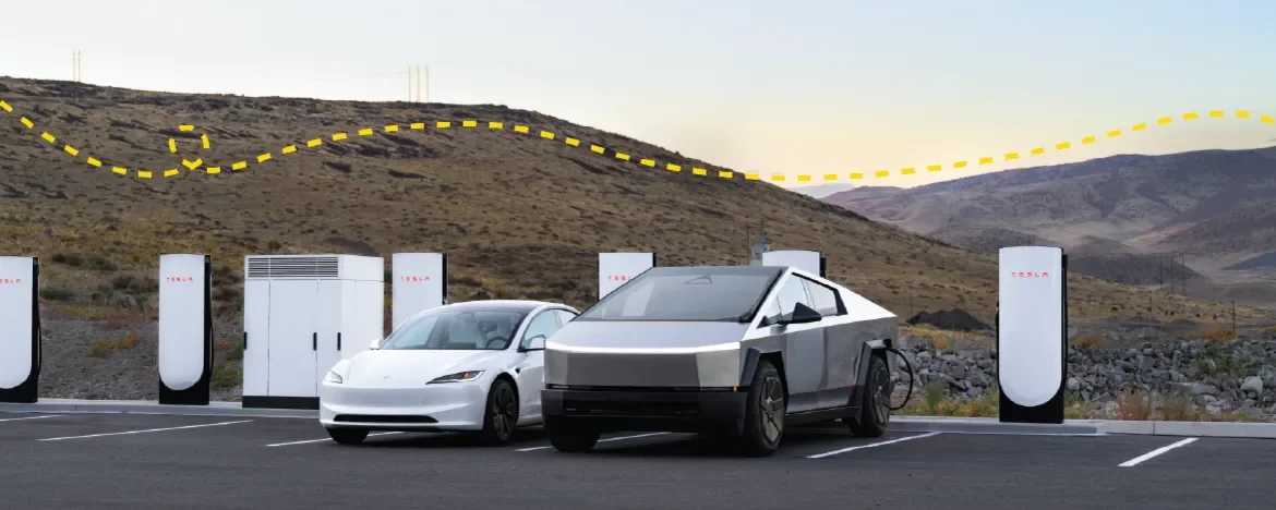 Cybertruck and Tesla with Supercharger