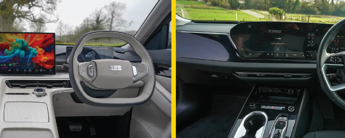 Two car interiors divided by a yellow line