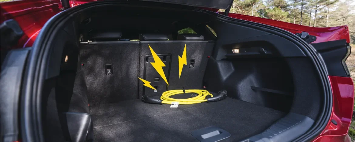 Charger in the boot of the Ford Capri
