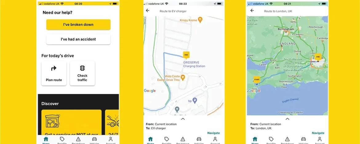 Screenshots from the AA app