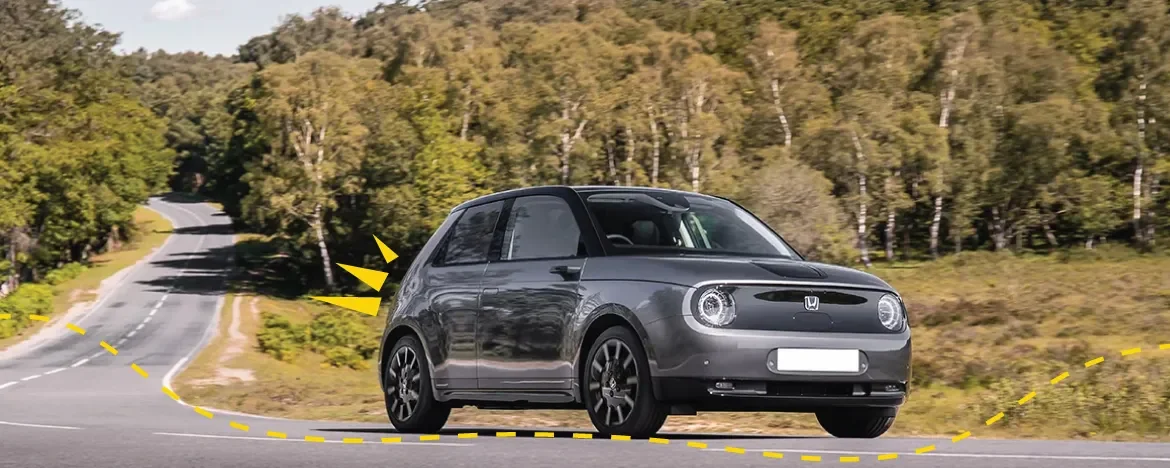 An image of the Honda e with yellow accents