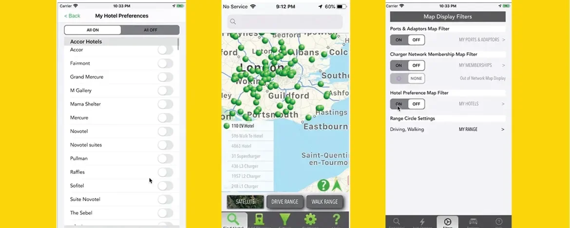 Screenshots from EV Hotels app