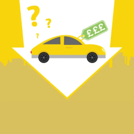 Graphic of car in downward arrow with price tag attached