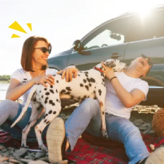 dog with family by car