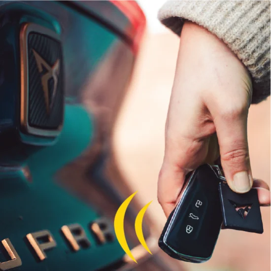 Close up of key fob behind car